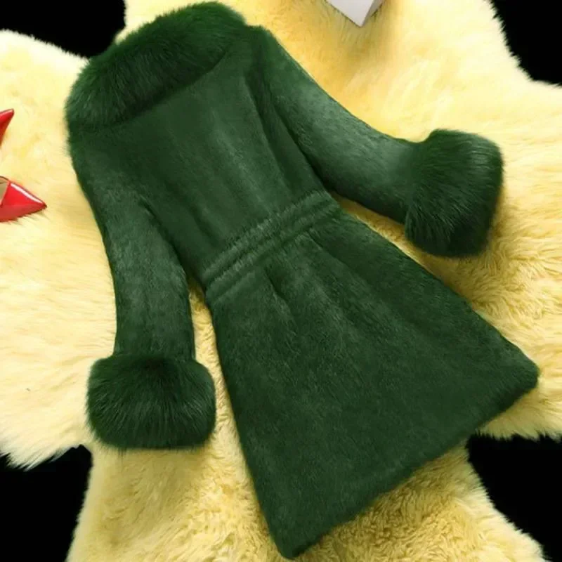 Korea Fashion Imitation Rabbit Hair Jacket Women's Elegant Fake Fur Coat Female Clothing 2023 Winter Slim Warm Mid-Long Overcoat