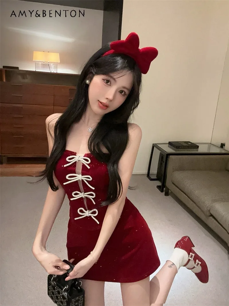 

2025 Summer New Hot Sale Sweet and Spicy Women's Red Slim Fit Casual Bowknot Tube Top Short High Waist Tight Skirt