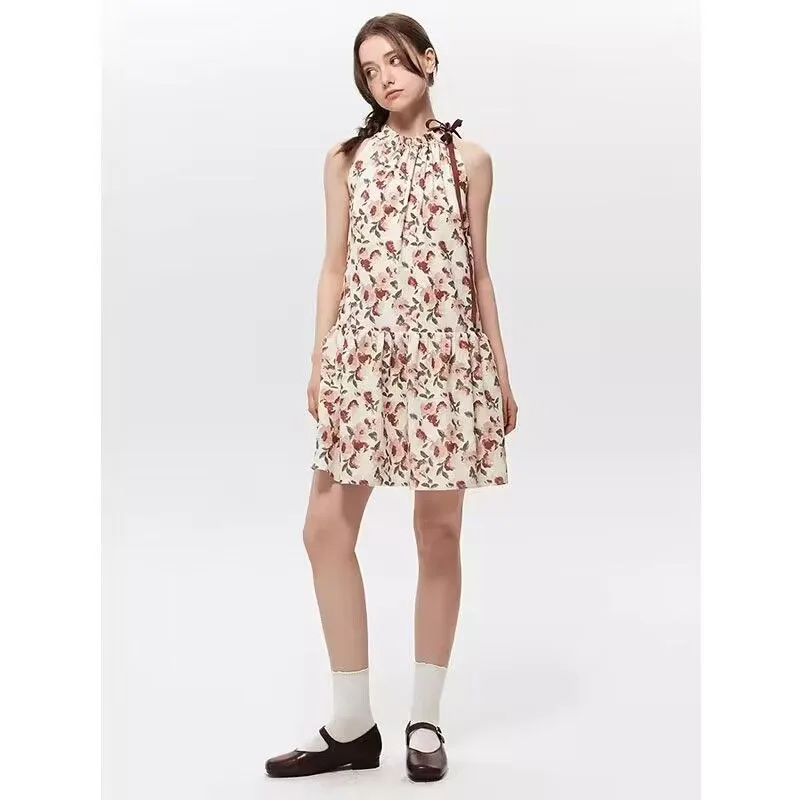 2025 verão halter floral mini vestido feminino hotsweet fora do ombro a linha sem mangas vestidos y2k moda festa