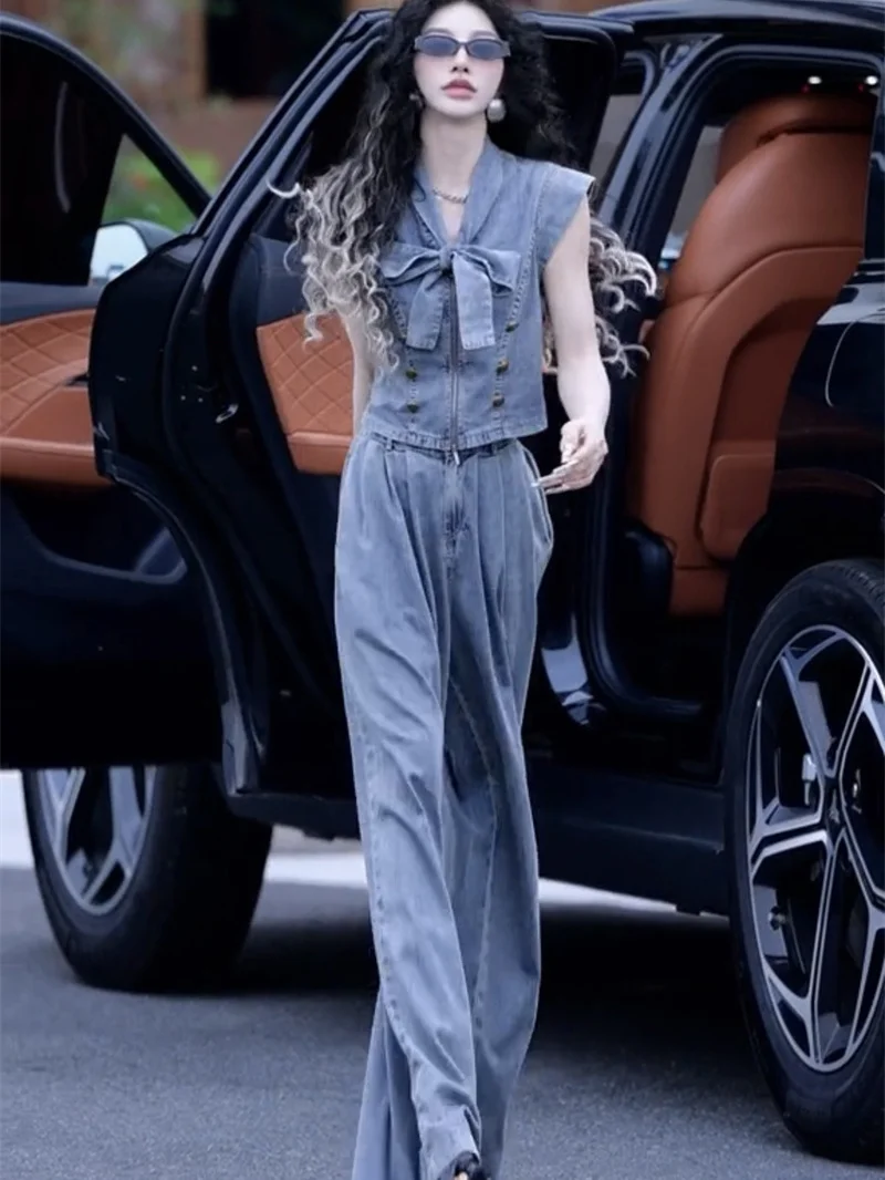 Fashionable  Knot Denim Set High Waist Long Pants Short Top Summer New Arrival Anti-Aging Design Unique Personality
