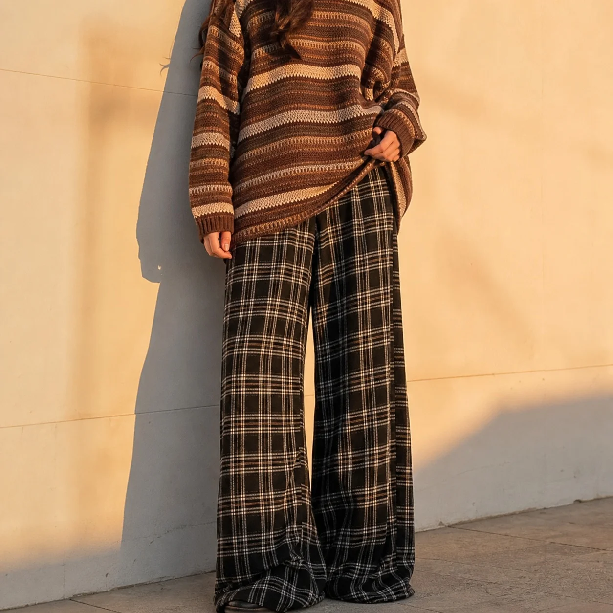 Women's Winter Clothing Round Neck Loose Fit Striped Fleece Lined Cotton Blend Sweater Casual Streetwear Hip Length Patchwork