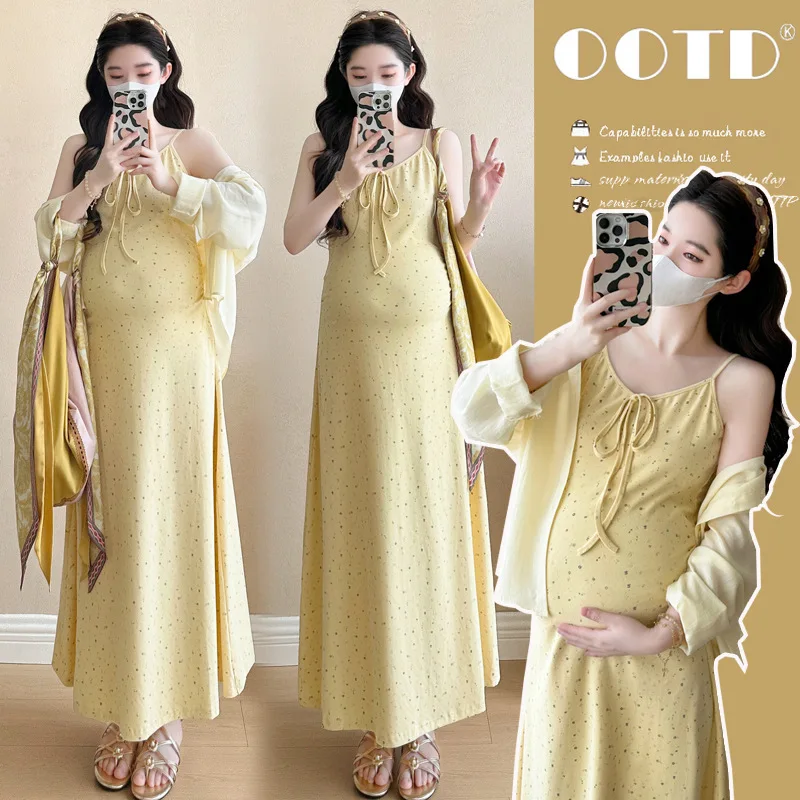 Maternity Dress Summer 2026 Minimalist Casual Yellow Polka Dot Spaghetti Strap Maxi Dress And Thin Shirt For Pregnant Women