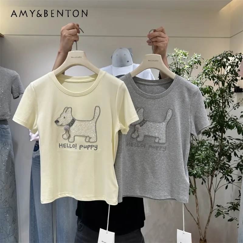 

Pure Cotton Short-sleeves T-shirt Women's Tees 2026 Spring-summer New Heavy Embroidery with Sequin Cartoon Slim-fit Short Top