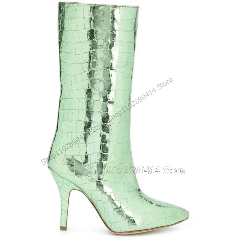 Purple Crocodile Print Pointed Toe Patent Leather Boots Slip On Women Shoes Thin High Heels Feast Party 2026 Zapatos Para Mujere