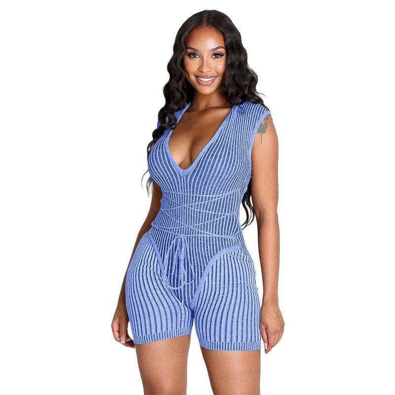 

Women Striped Ribbed Patchwork Knit Skinny Playsuits Sexy V-neck Sleeveless Lace Up Peach Hip Slim Casual Rompers Streetwear