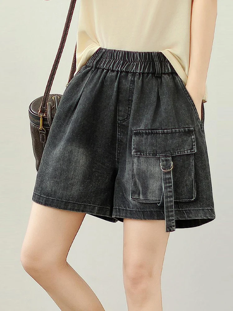 

Streetwear Black Denim Shorts Woman Summer Loose Wide Leg Jeans Short Pants Women Elastic Waist Boyfriend Bermudas Cargo Shors