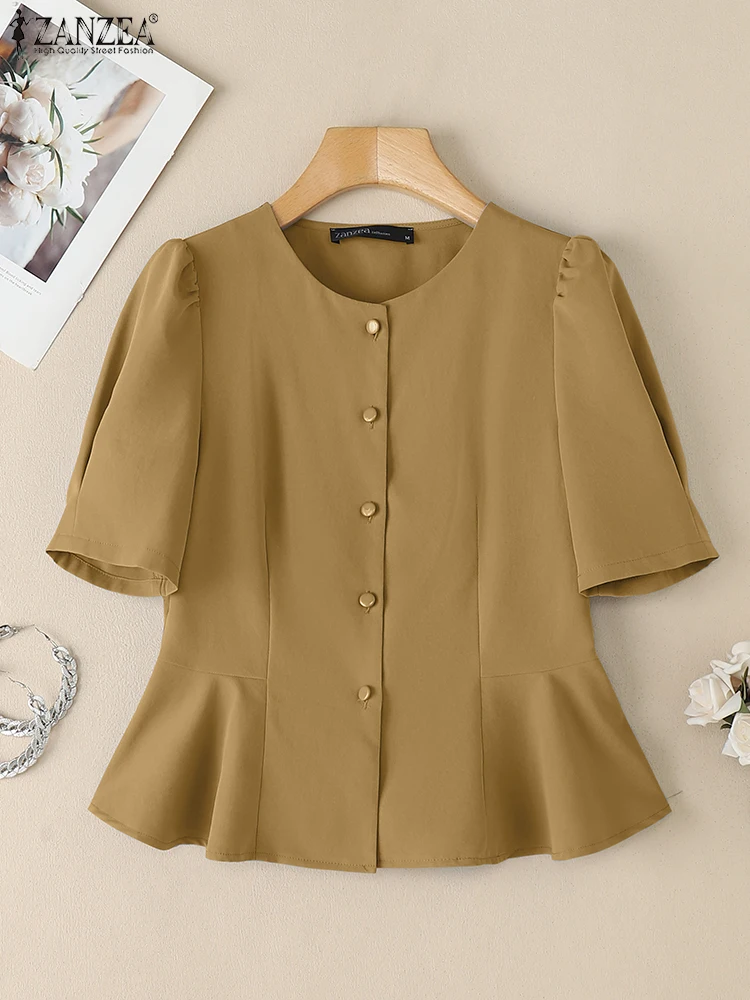 2025 Summer Office Shirt ZANZEA Women Short Puff Sleeve Work Blouses Elegant Solid Slim Fit Blusas Casual Buttons Up Tunic Tops