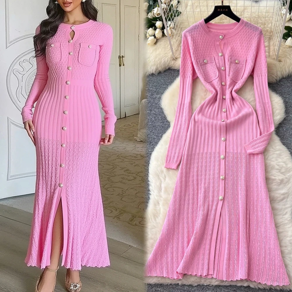 YuooMuoo Merk Mode Vrouwen Gebreide Maxi Jurk 2025 Nieuwe Esthetische Y2K Single-breasted Shirt Trui Jurk Lady Party vestidos