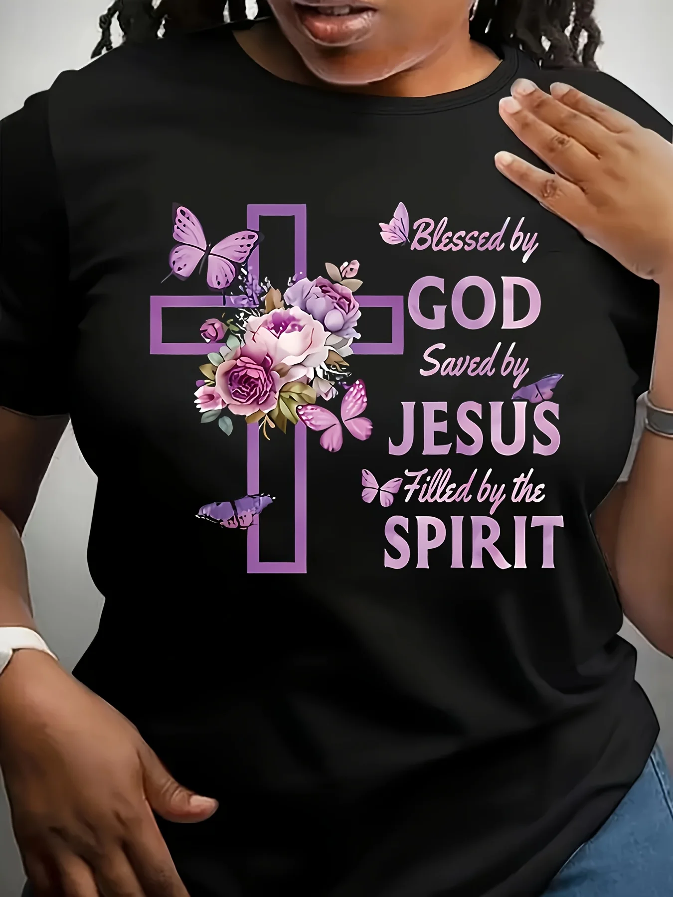 قميص مطبوع، توب All Season، قماش متوسط التمدد، "Blessed by God، Saved by Jesus، مملوء بالروح"