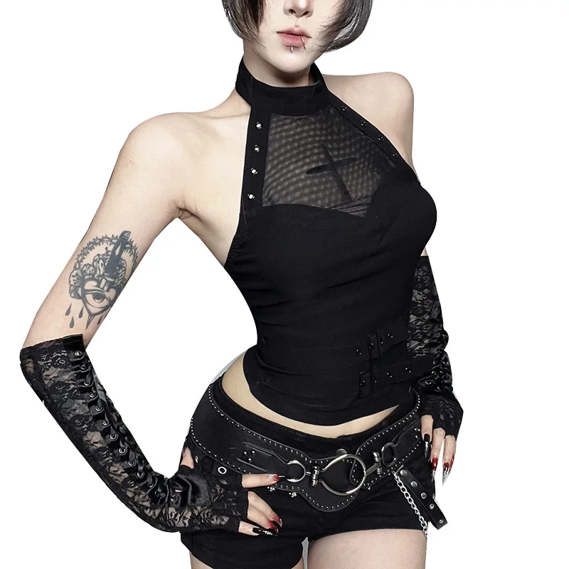 2026 New Women Gothic Halter Neck Mesh Cross Cutout Crop Top Metal Rivet Double Belt Buckle Slim Black Dark Punk Sleeveless Tops