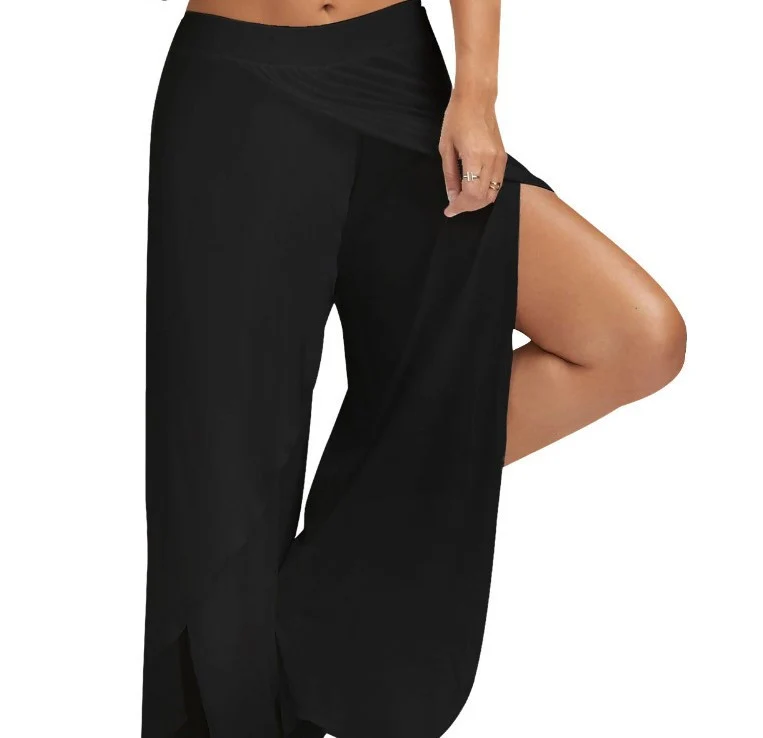 Frauen Plus Größe Breite Bein Hosen Lose Fitness Dance Yoga Split Hosen Weibliche Elastische Taille Lässige Workout Solide Sommer Kleidung – Detail 4