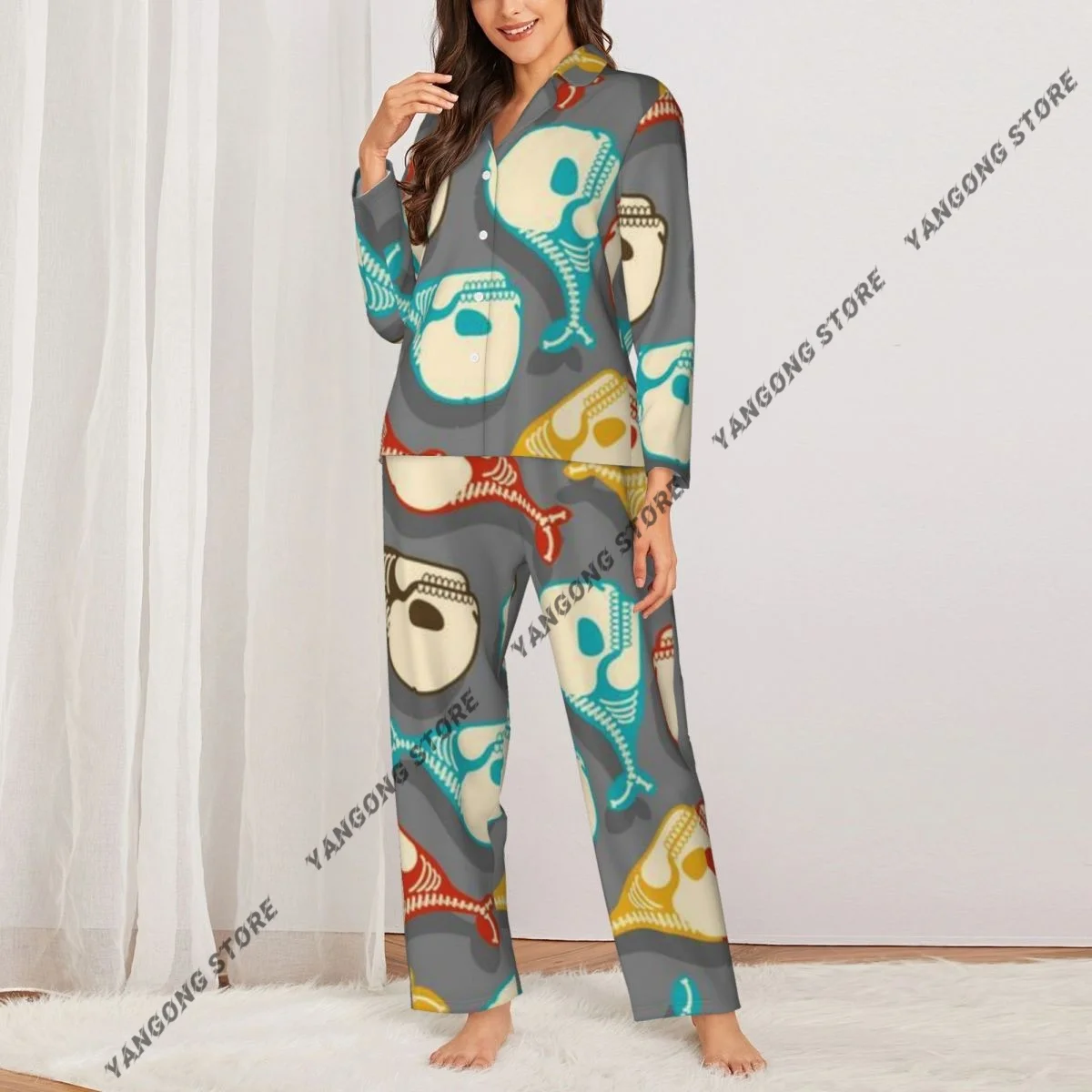 Women Sleepwear Pajamas Whale Skeleton Pattern Long Sleeve Pijama Female Set Negligee Cardigan Suit