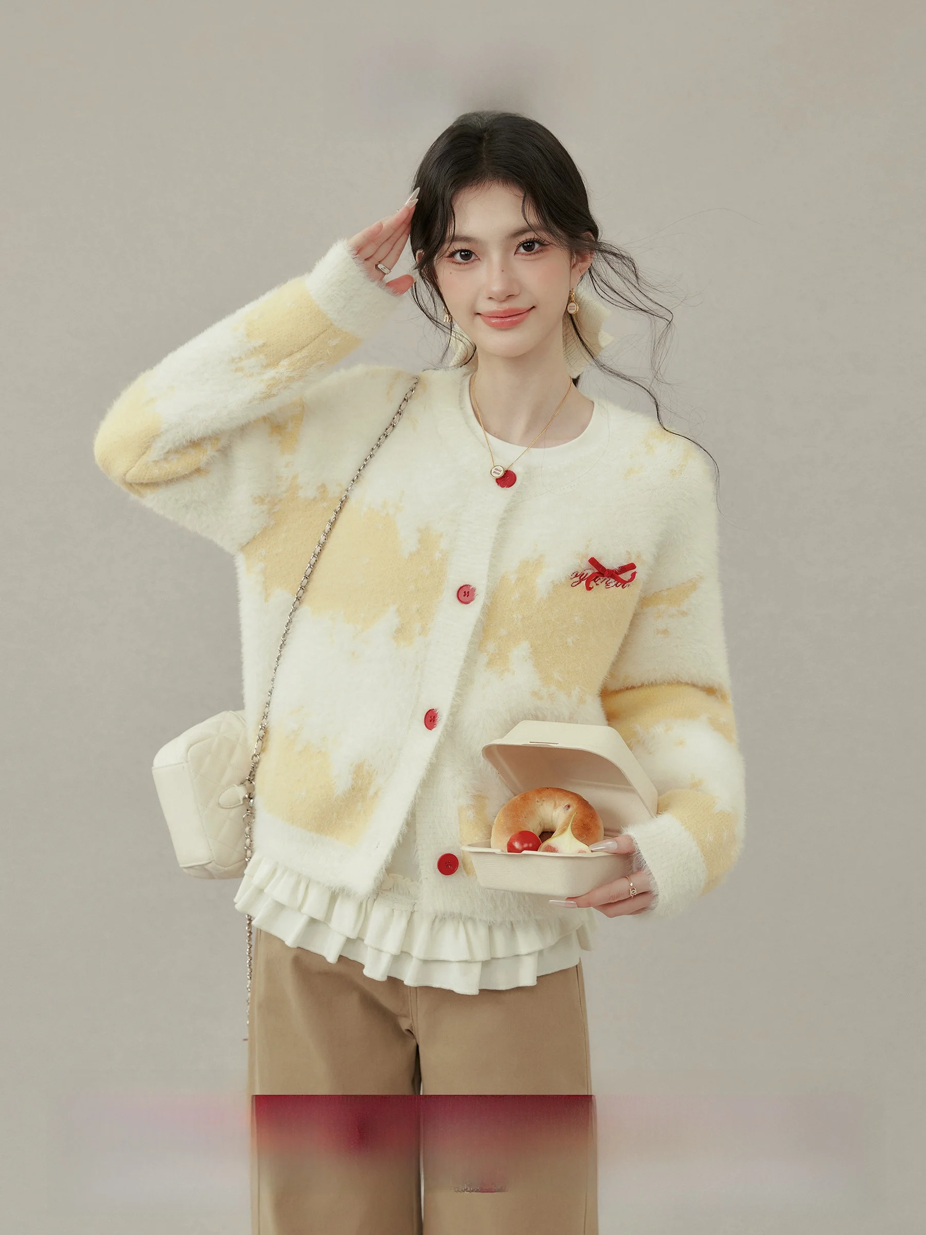 

Lazy Sle adient Long Hair Sweater Women's Open Cardigan Coat Knot Sweet Sle Straight Tube Long Sve Sweater