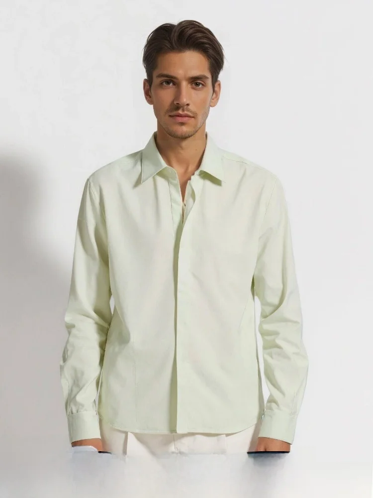 

Italian Luxury Men's Business Administration Shirt Standard Fit Long Sleeve Button up Cotton Linen Blend Youth Fashion