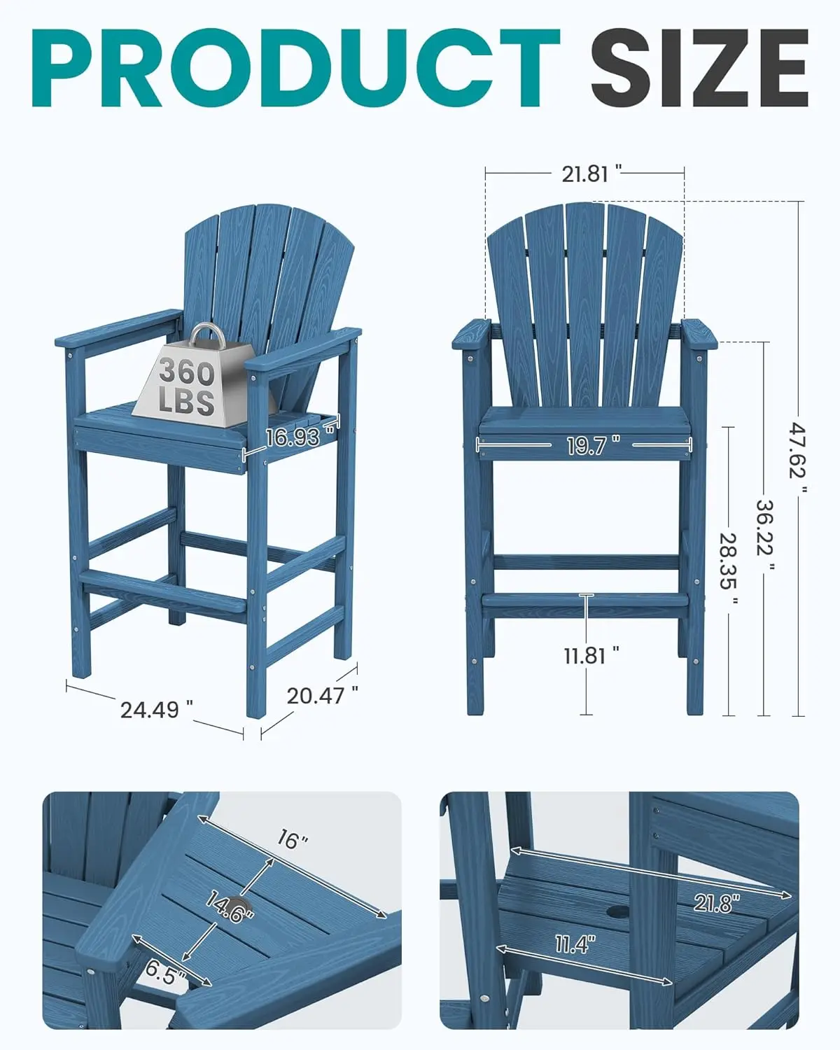 Serwall Tall Adirondack Chairs Set Of 2 With Double Layer Connecting Tray, Hdpe Bar Height Outdoor Chairs, Wood-Like Adirondack