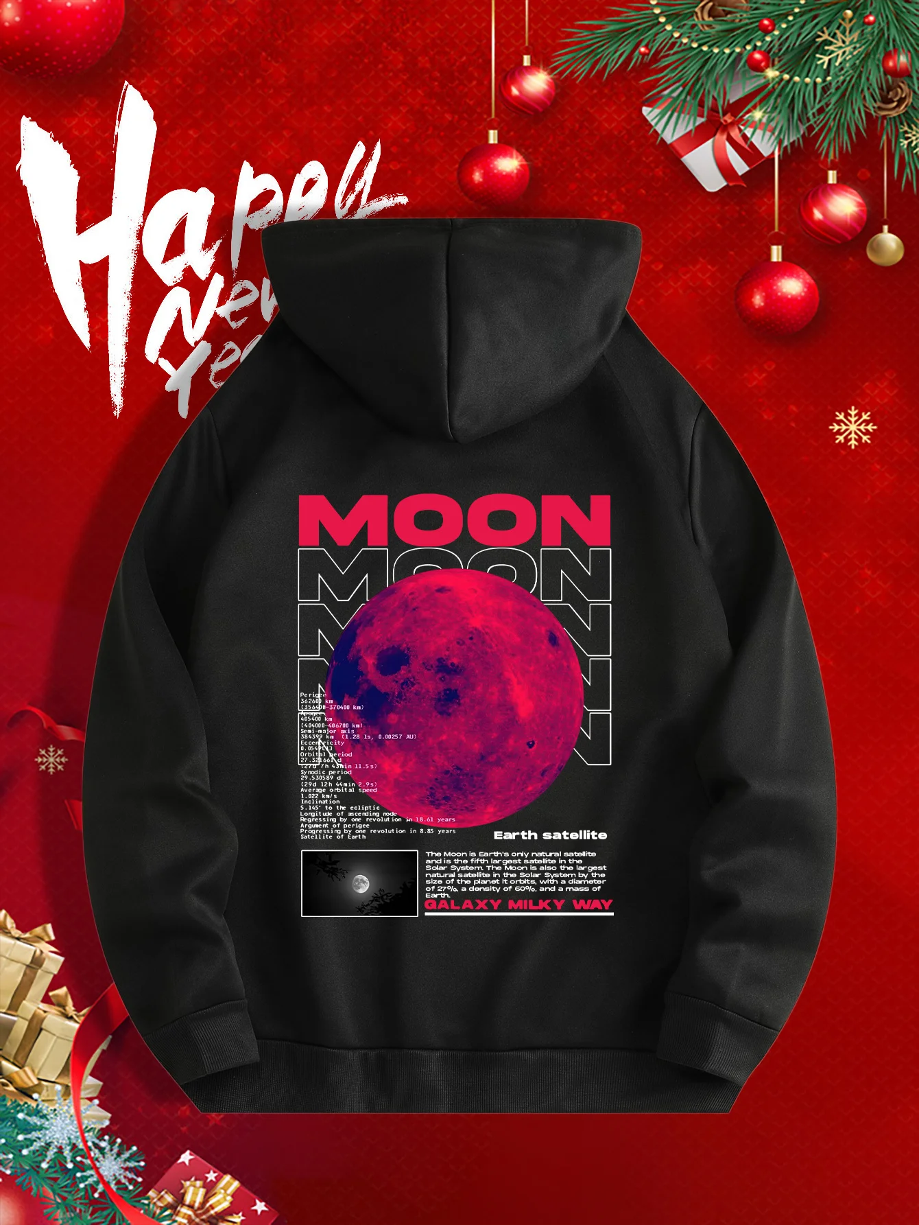 Red Moon Letter Print Men Hooded Sweatshirt Autumn Winter Daily Outdoor Sports Loose All Build Fitness Leisure Warm Street Style