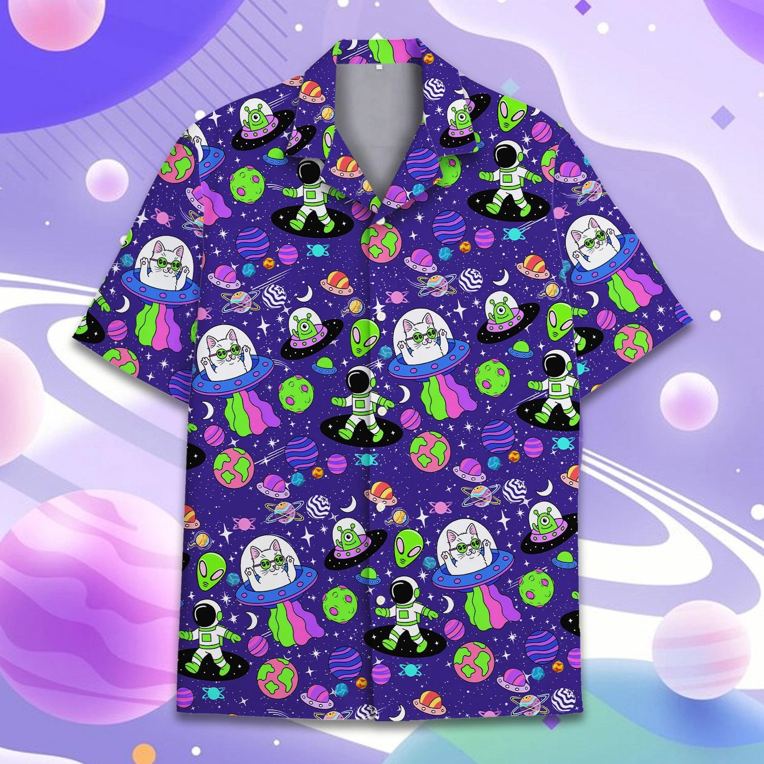 Men's And Women's 3D Fun Galaxy Cat Print Short Sleeved Hawaii Shirts With Animal Print Summer Beach Shirt Unisex Urban Tops