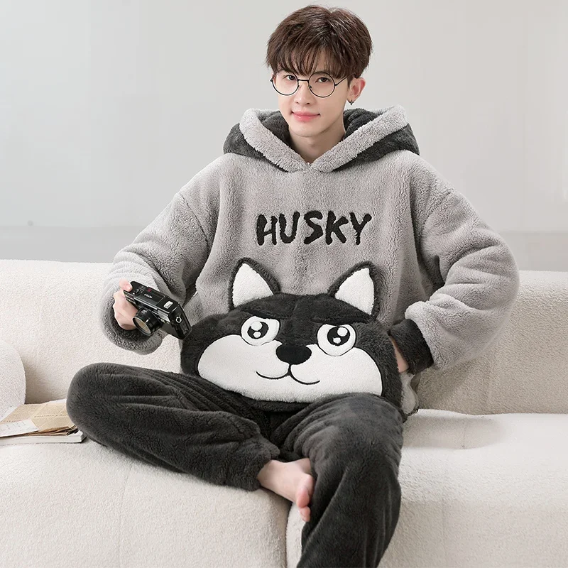 Winter Korean Men Pijamas Sets Thick Male Unisex Sleepwear Lovely Dog Man Loose Pyjama Hooded Soft Warm Pajamas Suit Loungewear