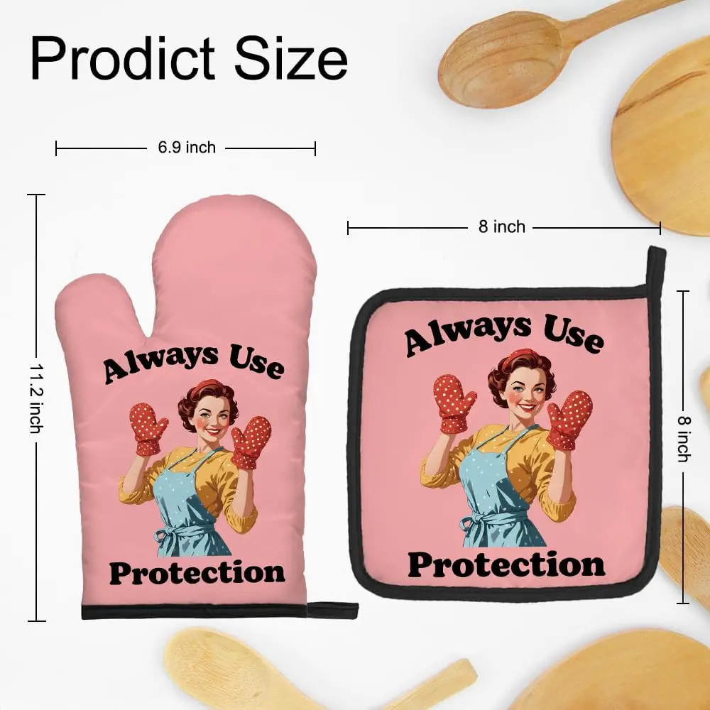 Always Use Protection Funny Oven Mitts and Pot Holder Set, Retro Housewife Kitchen Gadgets for Women, Baking Gifts