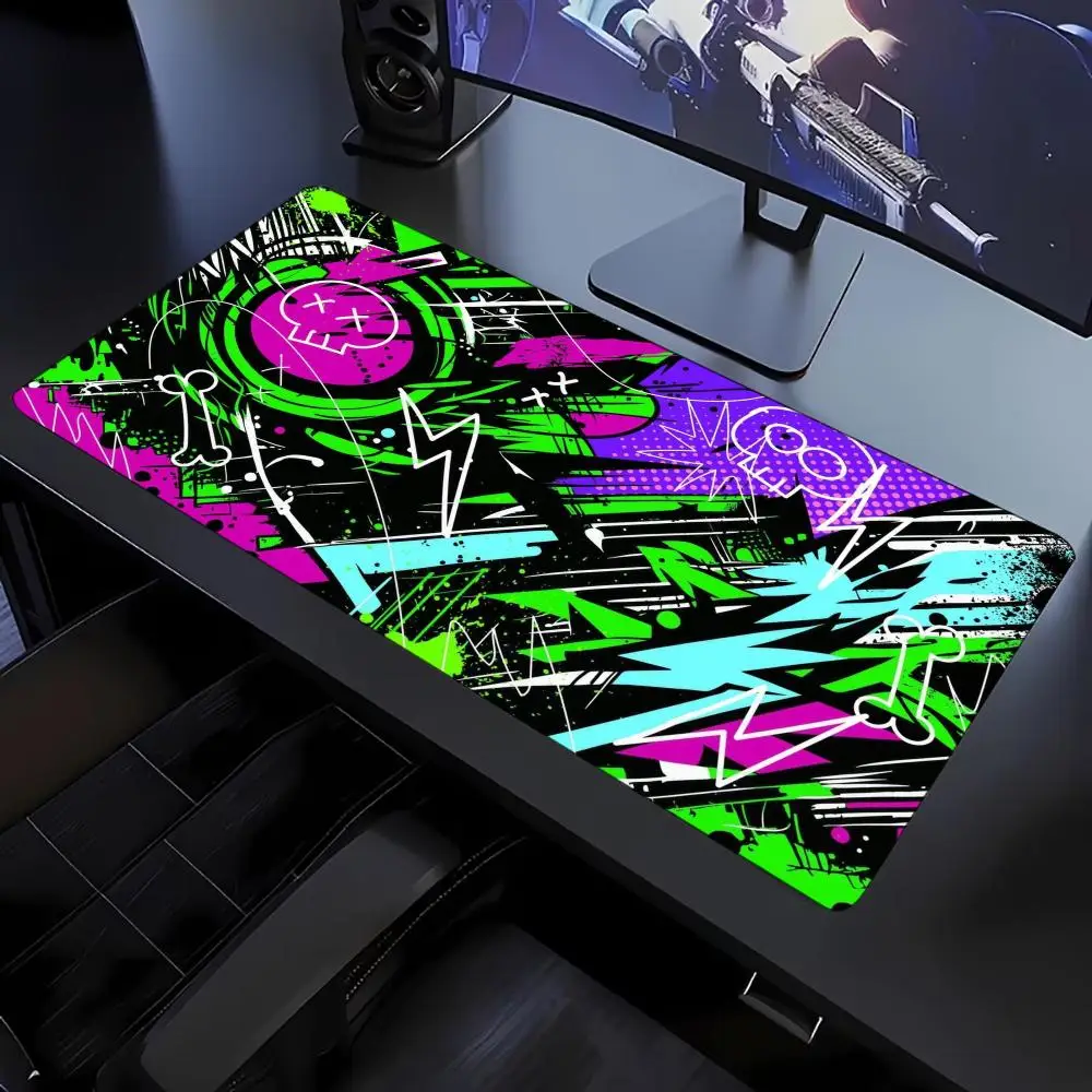 Extra Large Deskmat Neon Graffiti Abstract Print Stitched Border Anti‑Slip Rubber Base Smooth Mat For Gaming Home Office Desktop