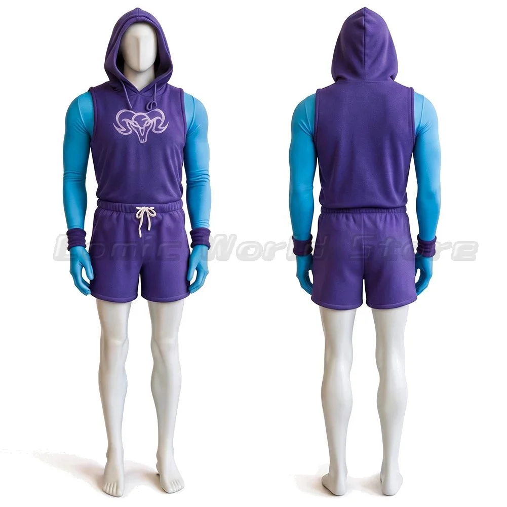 He Man Gym Bro Skeletor Cosplay Costume Men Workout Purple Sleeveless Hoodie Shorts Full Set For Halloween Comic Con Dress Up
