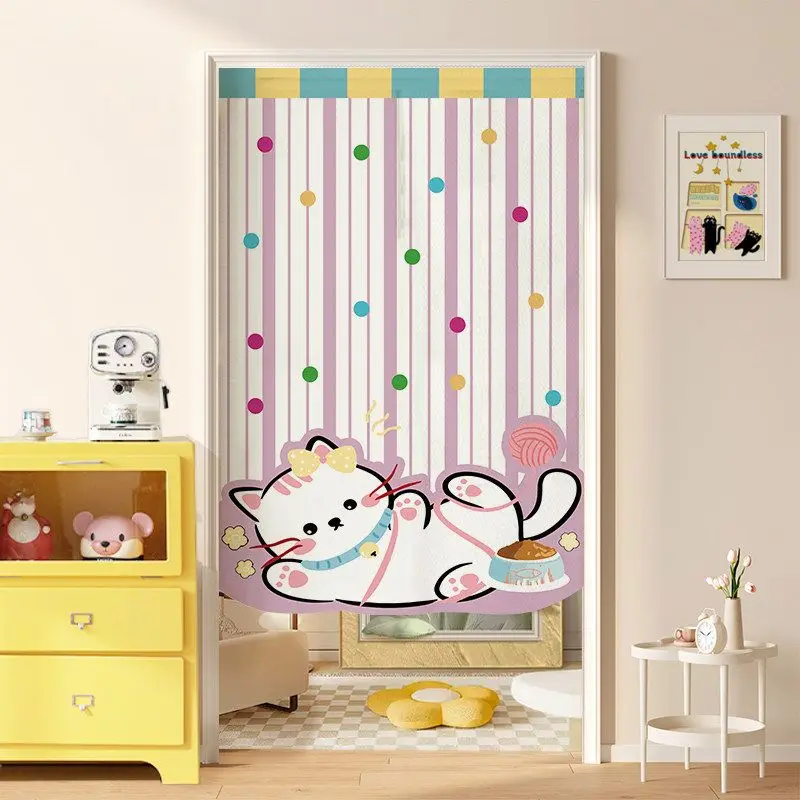 VIKAMA Polka Dot Stripe Playful Kitten Noren Split Door Curtain Room Divider Privacy Curtain for Girls Room Lovely Home Decor