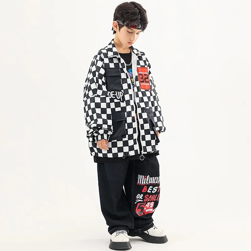 Teen Kids Street Dance Costume Hip Hop Plaid Jacket Loose Jeans Girls Jazz Checked Coat Baggy Pants Clothes Children Streetwear