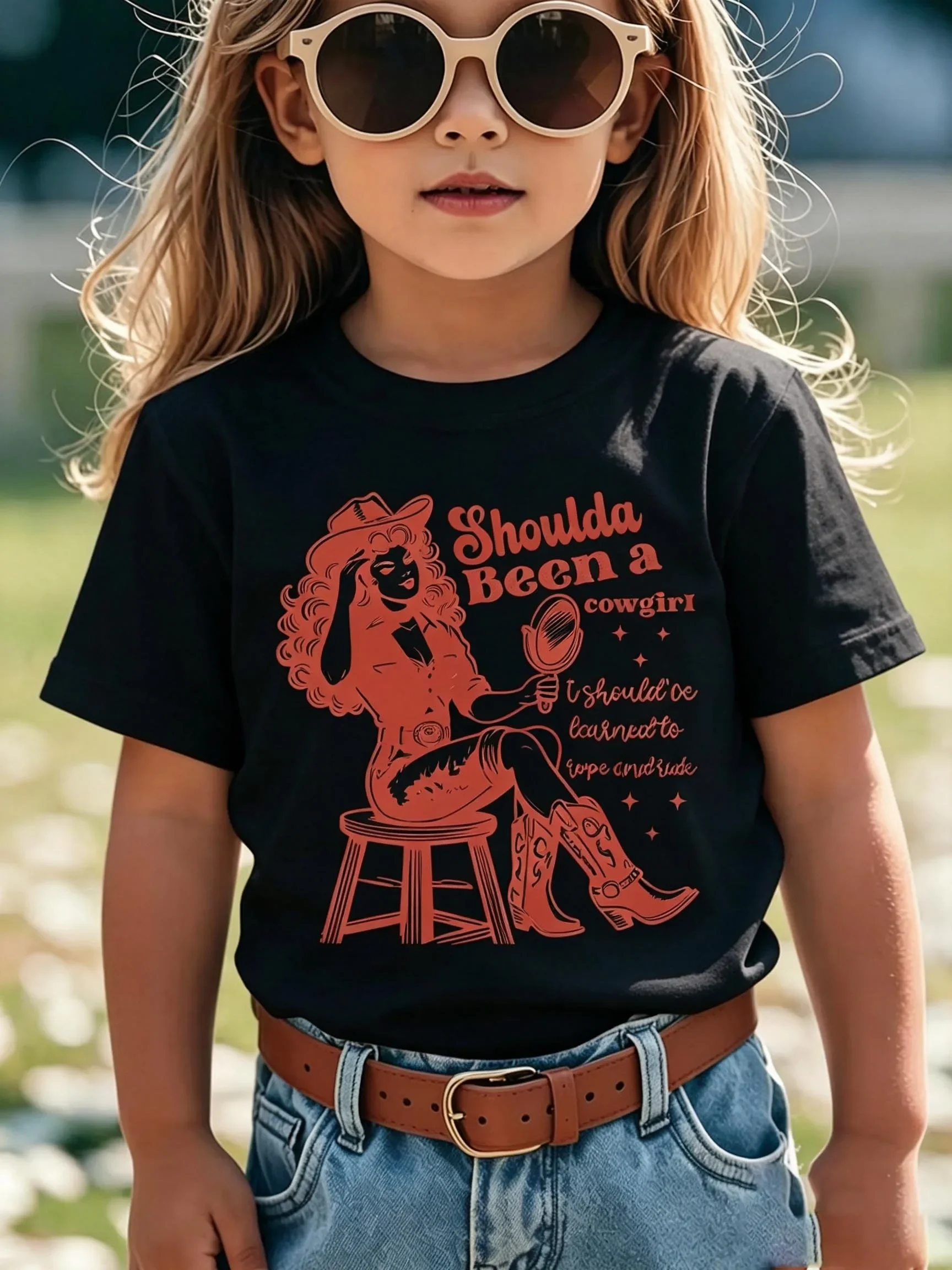 Kids Shoulda Been A Cowgirl Retro Western Girl Graphic Tee Boys Girls Family Matching Short Sleeve Vintage Cool Everyday T Shirt