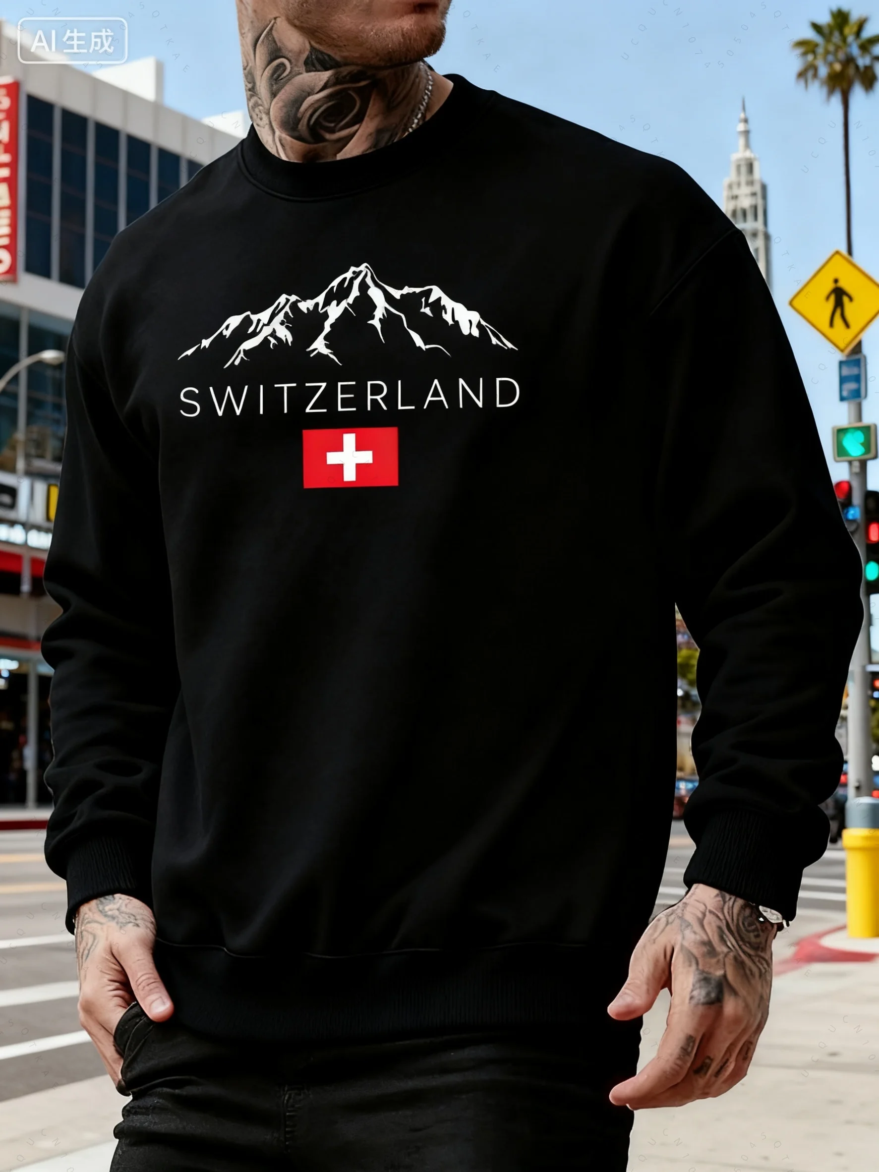 Men's Loose And Comfortable Casual Swiss Snow Mountain Pattern Printed O'neck Long Sleeved Sweatshirt Top Autumn Winter Hoodie