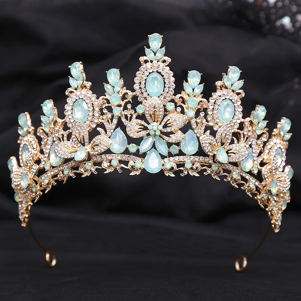 Luxury Pink Opal Royal Queen Wedding Crown Rhinestone Crystal Bridal Diadem Pageant Headdress Bride Tiara Hair Jewelry Accessory