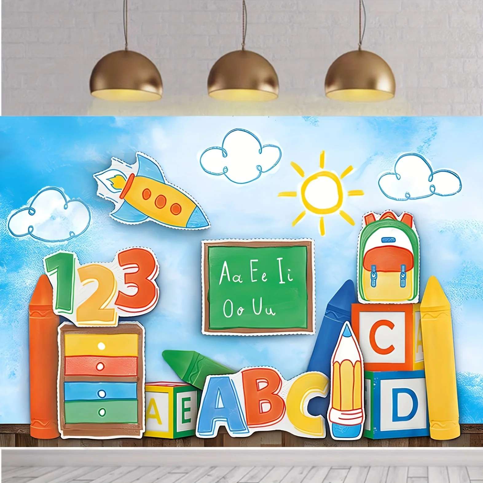 1PC Welcome Back to School Photography Background - A Vibrant Blue Sky Designed with Letters ABC and Colorful Crayons