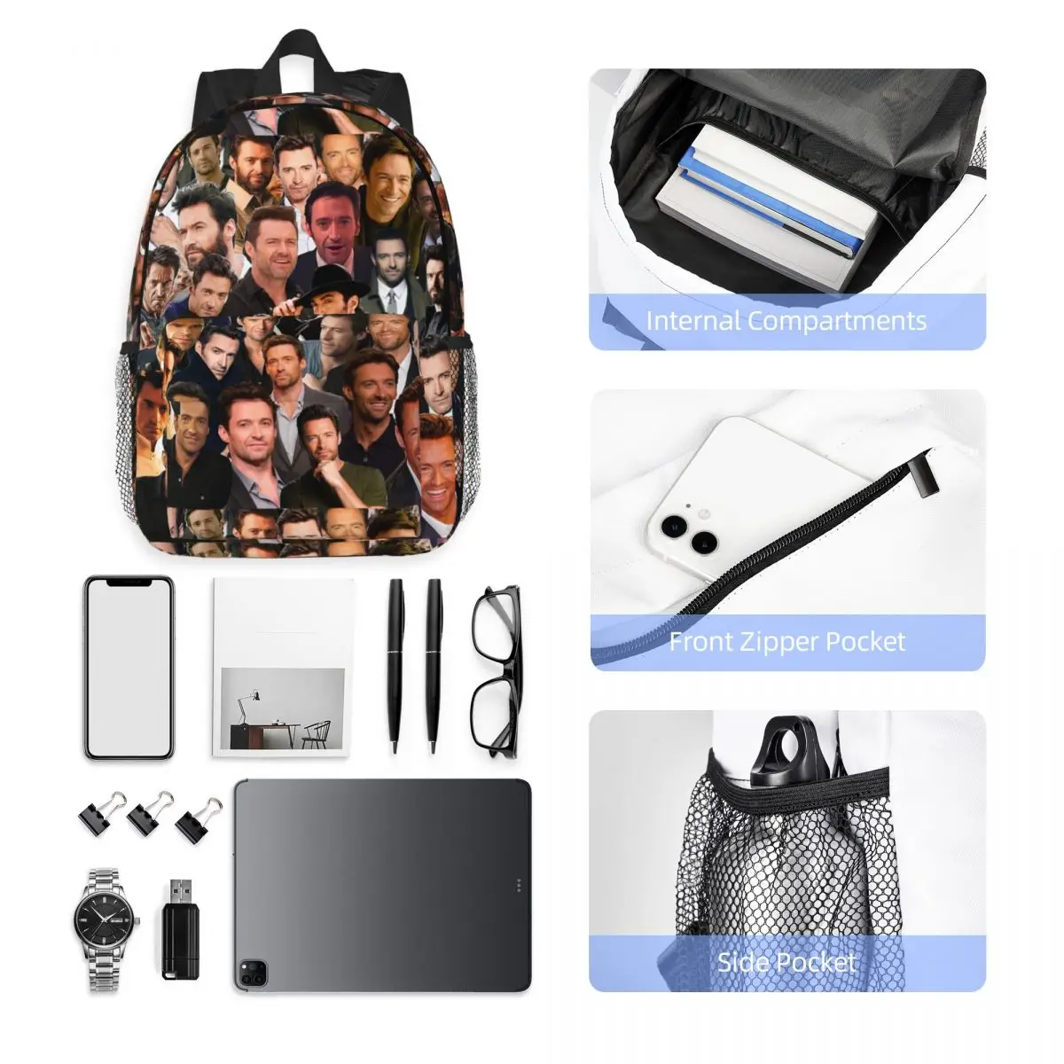 Hugh Jackman Photo Collage Backpack Student Boys Girls BookBag Men Women School Bag Computer Shoulder Bags