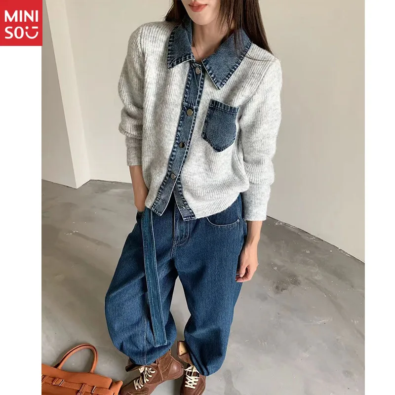 

Miniso Autumn Notch Collar Sweater, Two Pocket Colorblock Cardigan, Retro Niche Knit Coat