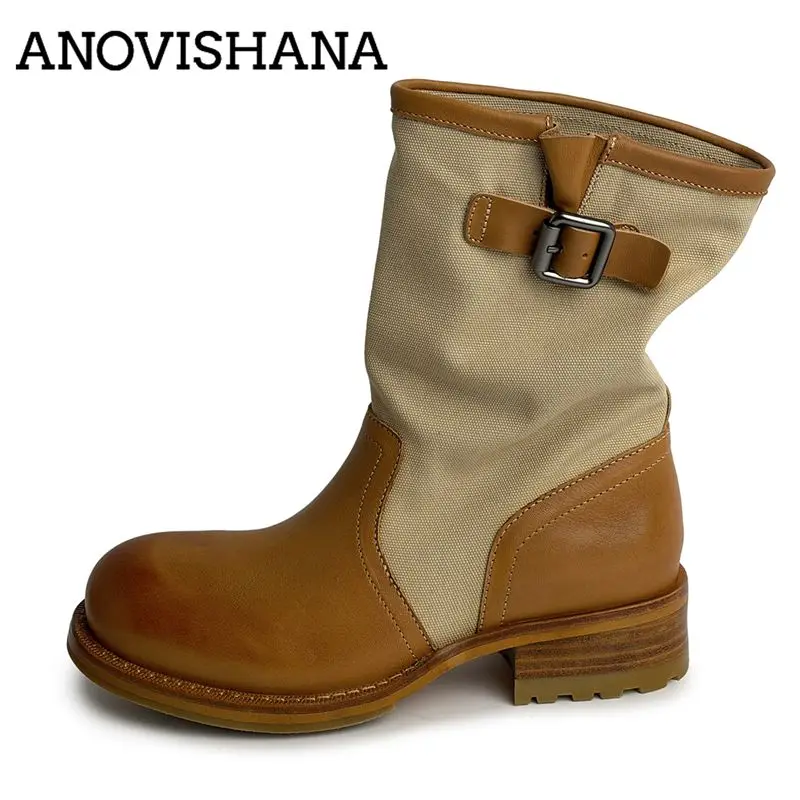 ANOVISHANA Brown Full Genuine Leather Women Mid Calf Boots Round Toe 4cm Thick Heeled Slip On Mixed Color Splicing Casual Botas