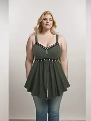 ROSEGAL Plus Size Zipper Tanks Grommet Trim Backless Solid Vest New Deep Green Women's Summer Casual Tops