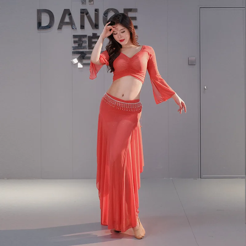 

Одежда для танца живота, новый комплект, сексуальный сетчатый костюм для восточных танцев, длинная юбка, изящный лист лотоса 2025