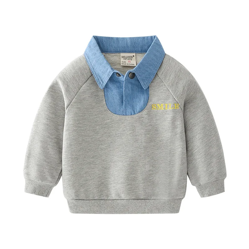 2025 Lente Herfst 2 3 4 5 6 7 8 Jaar Kinderen Turn-down Kraag Grijs Katoen Denim Kleur Patchwork Kids Baby Boy Sweatshirt