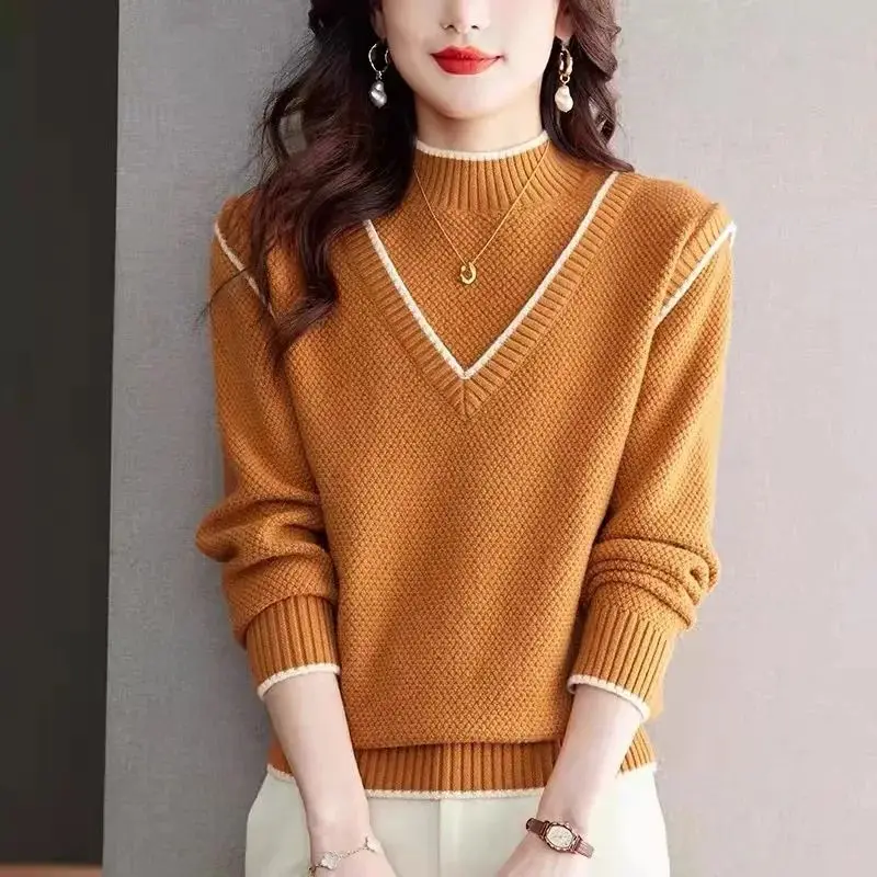 Women\'s Clothing Half High Collar Screw Thread Solid Color Pullover Long Sleeve Sweater Knitted Elegant Contrast Color Tops