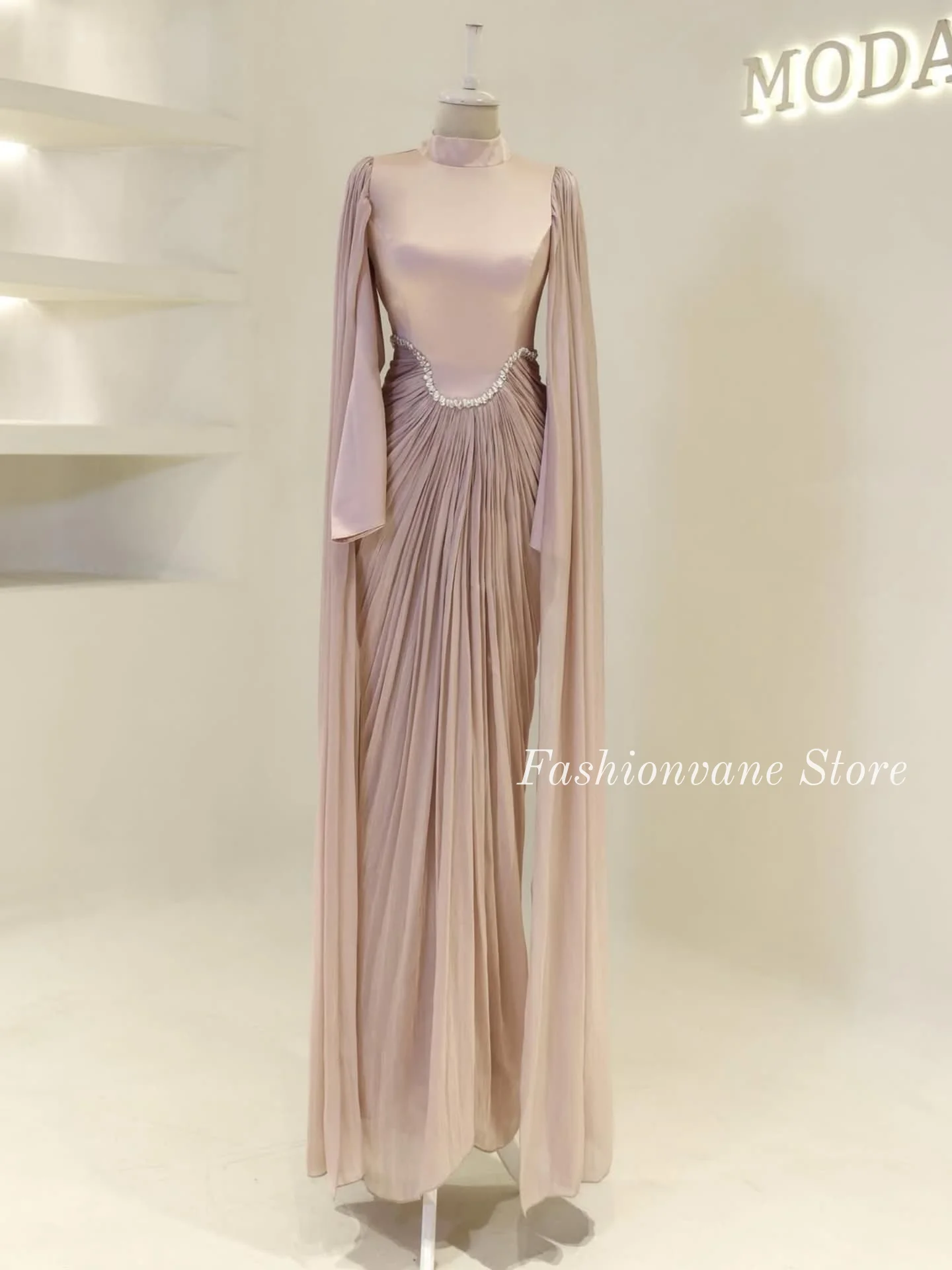 

Розовое роскошное вечернее платье с высоким воротом, мусульманское платье с длинными рукавами и складками, платья для выпускного вечера, плиссированное платье для свадебной вечеринки в Саудовской Аравии