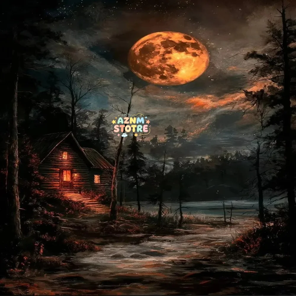 Abstract Forest Wooden Cabin in Mountains Full Moon Forest Canvas Painting Print Cloudy Sky Poster Wall Art Rustic Home Decor