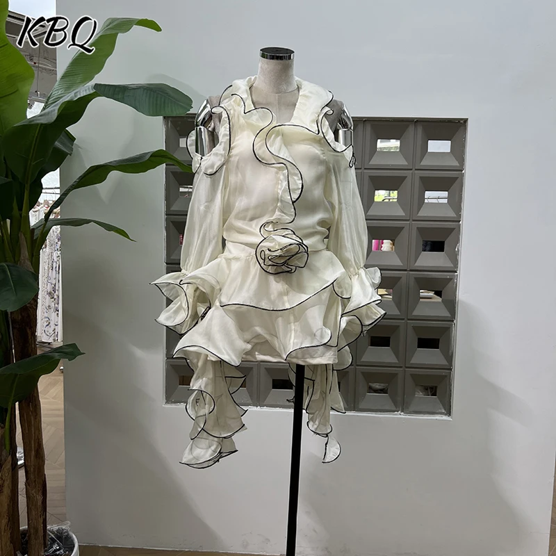 

KBQ Hit Color Spliced Fungus Folds Elegant Dresses for Women Round Neck Off the shoulder sleeve Patchwork Striped Dress Female