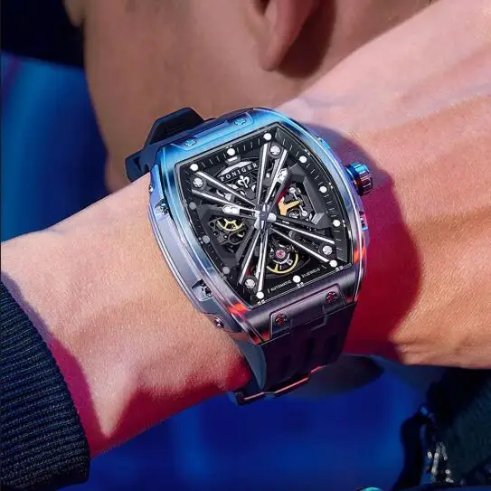 PONIGER Men Automatic Watch 46mm*51mm Tonneau Mechanical Wristwatch Sapphire Luminous 5ATM Waterproof Skeleton Dial Rubber Strap