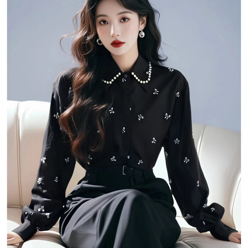 

Spring Fall Women Printed Butterfly Pearls Black Lantern Sleeve Top Shirt , Autumn Female Woman Clothing Tops Shirts