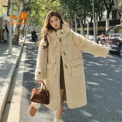 New Winter Coat for Women Best Quality Hooded Mid-length Horn Button Genuine Fur Coat Over Knee Thick Warm Loose Version Forwork