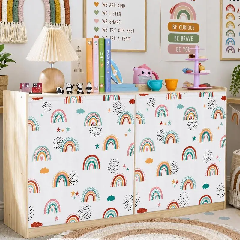 VIKAMA Boho Rainbow Self Adhesive Cabinet Curtain No Drill Kids Storage Shelf Dust Cover Classroom Nursery Decor