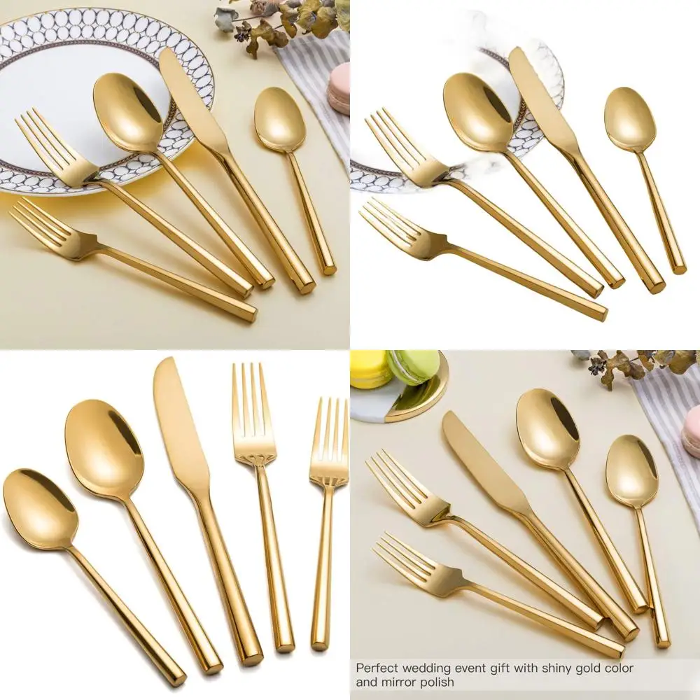 

Gleaming 20-Piece Gold Hexagonal Stainless Steel Flatware Set, Heavyweight, Suitable for Home and Hotel Dining
