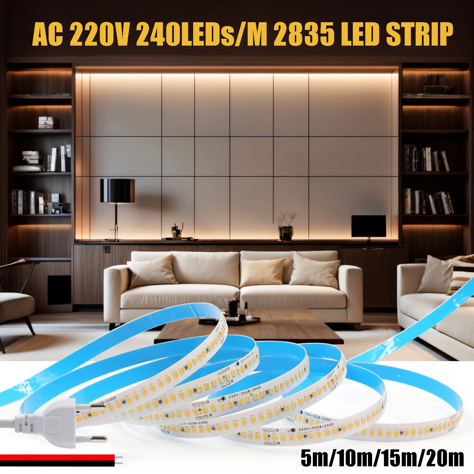 

Светодиодная лента AC220V с вилкой европейского стандарта/2 контакта 2835 240 светодиодов/м, яркая гибкая лента IP44, клейкая лента для кухни, домашнего освещения