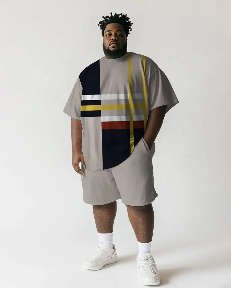 Men's Plus Size 2 Piece Graphic T-Shirt and Shorts Set, Color Block or Geometric Line Designs, Casual Summer Travel Wear, S-9XL