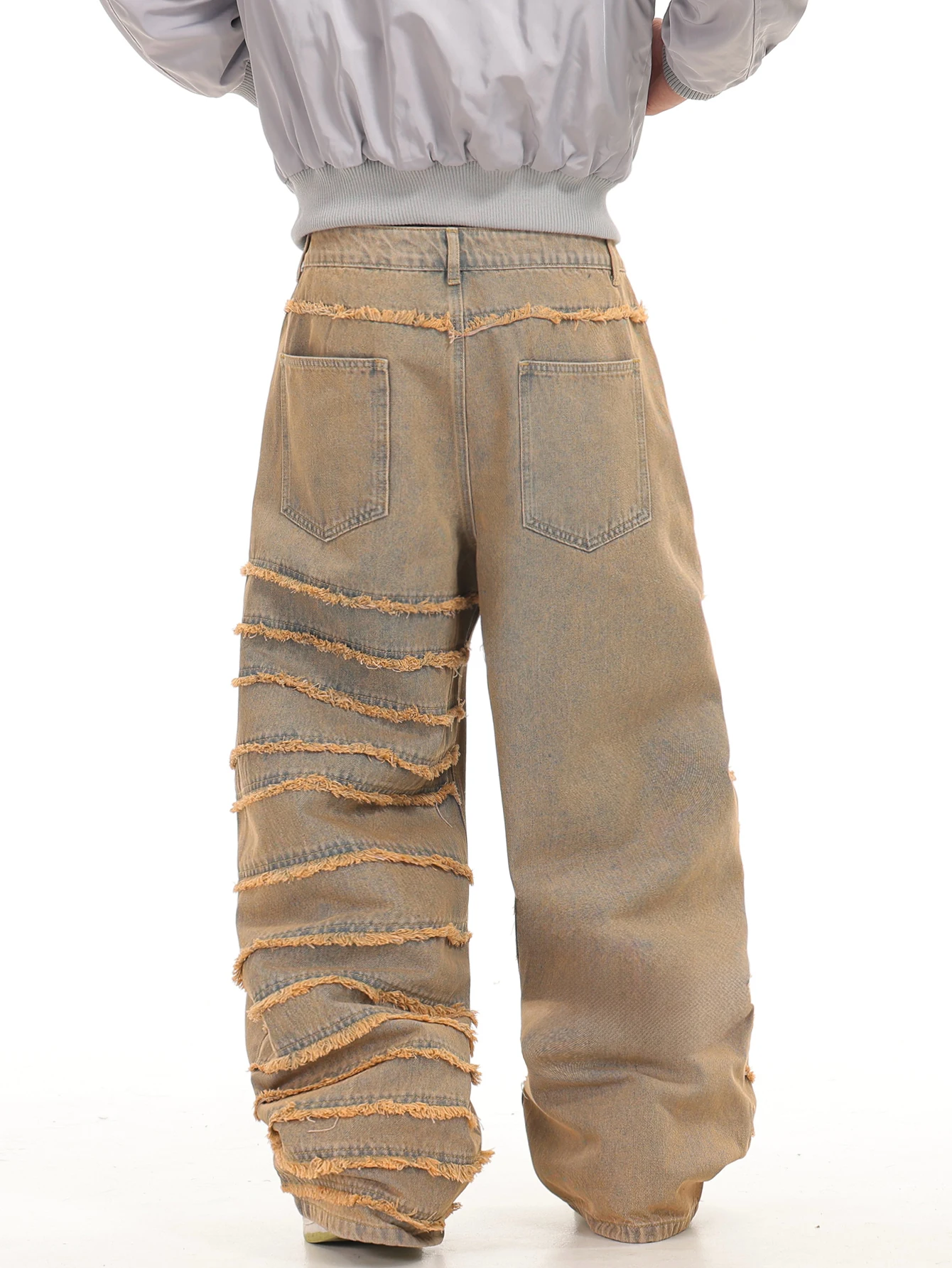Men's multi-layer stitched fringed ruffle craftsmanship loose trendy wide-leg denim pants in US/European sizes