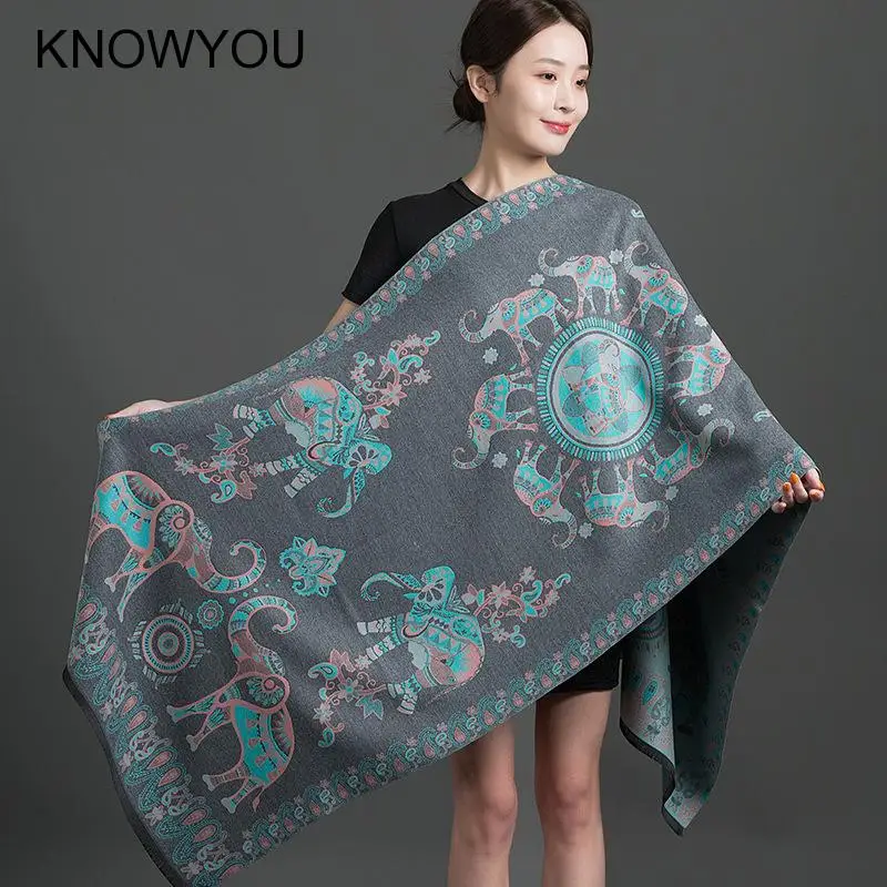 2022 Autumn Winter Scarves Women Cashmere Pashmina Jacquard Tassel Shawl Soft Wraps Bufanda Travel Ethic Style Capes Mantilla